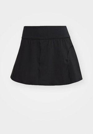 Črna atletska krila z elastičnim pasom, razširjenim dizajnom, gladko teksturo in stranskimi žepi. Primerna za aktivno oblačenje ali sproščene izlete.