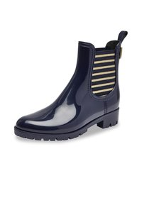 Botín Chelsea de goma azul marino con paneles laterales elásticos que presentan finas rayas color crema, suela texturizada y una lengüeta trasera para facilitar su calzado.