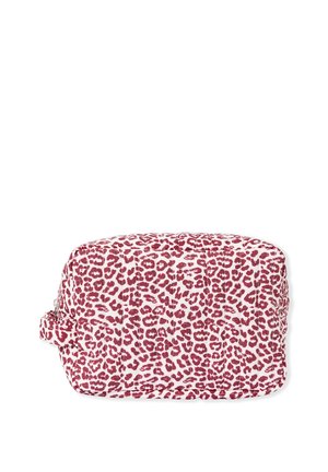 Rectangular cosmetic bag in white fabric with a red leopard print pattern. Features a zip closure and a side handle for easy carrying.