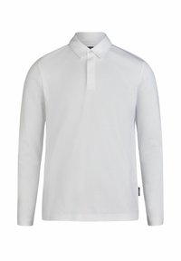 Weißes Langarm-Polohemd aus weicher Baumwolle. Verfügt über einen klassischen Kragen und eine Knopfleiste mit drei Knöpfen. Einfaches und schlichtes Design.