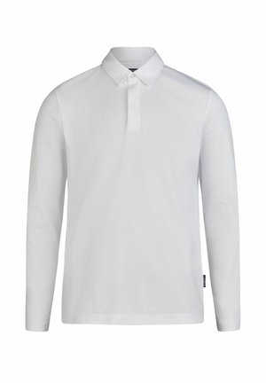 Weißes Langarm-Polohemd aus weicher Baumwolle. Verfügt über einen klassischen Kragen und eine Knopfleiste mit drei Knöpfen. Einfaches und schlichtes Design.