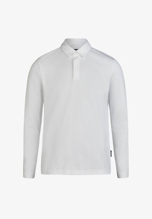 Weißes Langarm-Polohemd aus weicher Baumwolle. Verfügt über einen klassischen Kragen und eine Knopfleiste mit drei Knöpfen. Einfaches und schlichtes Design.