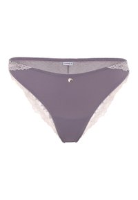 Pantaloni intimi grigi da donna con pizzo e un piccolo dettaglio metallico decorativo nella parte anteriore. Texture morbida, design a vita media. Etichetta del marchio visibile.