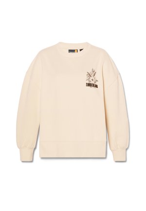 Cream sweatshirt with long sleeves, ribbed cuffs, and waistband. Features a brown floral graphic with "TIMBERLAND EST. 1973" printed on the chest.