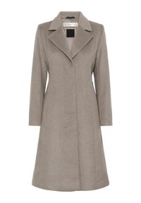 Cappotto grigio in misto lana con revers a scatto, maniche lunghe e silhouette sartoriale. Presenta leggere cuciture verticali e una chiusura frontale singola.
