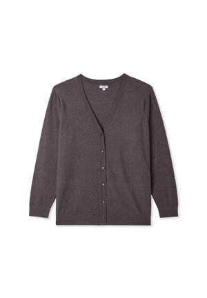 Cardigan a V scollo, maniche lunghe, di colore grigio scuro. Presenta una chiusura frontale con bottoni, polsini e orlo a coste. Tessuto in maglia morbida senza fantasie.