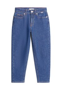 Jeans de mezclilla azul con una cintura alta, diseño de pierna recta y ligero desgaste. Cuenta con cinco bolsillos y cierre de botón metálico.