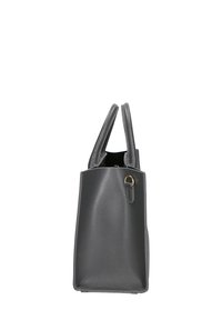 Grijze leren tote bag met een gestructureerde rechthoekige vorm, dubbele handvatten bovenaan en een goudkleurig hardwareaccent. Geweven oppervlaktetextuur.