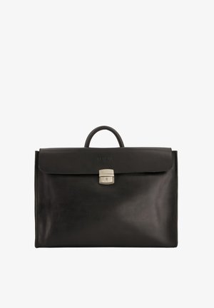 Sort læder dokumentmappe med en glat overflade, rektangulær form, et håndtag på toppen og en silverlås; indeholder prægede logoer på fronten.