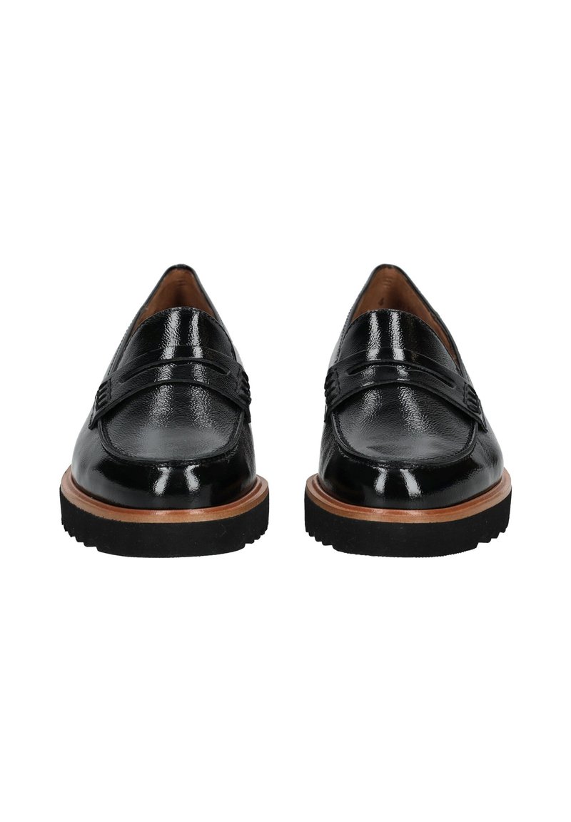 Black leather loafers with a glossy finish, featuring a padded strap detail, a brown sole, and a textured black platform.