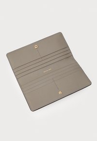 Gray leather wallet with multiple card slots, snap button closure, and gold hardware accents. Smooth texture and minimalist design.