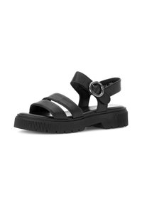 Black leather sandals with wide straps, silver accent, and adjustable buckle. Features a thick, textured sole for grip and support.