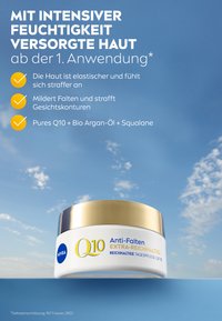 NIVEA Q10 Anti-Falten cream in a white jar with a gold lid. Text highlights moisture benefits and key ingredients: Q10, Argan oil, Squalane.