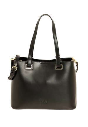 Borsa tote in pelle nera con due manici lunghi, tracolla rimovibile con fibbia dorata e logo in rilievo discreto sul davanti.