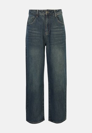 Mørkeblå denimjeans med vide ben, høj talje, forlommer, knaplukning og subtil falming på lår og knæ.