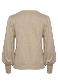 Světle béžový svetr s volnějším střihem, nafouklými dlouhými rukávy a kulatým výstřihem s hladkou texturou. Jednoduchý design, bez vzorů.