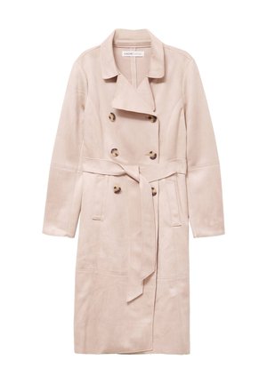 Blassrosa Trenchcoat aus weichem Wildleder mit doppelter Knopfleiste, großen Knöpfen, Gürtelschlaufe und Seitentaschen. Lange Ärmel, knielang.
