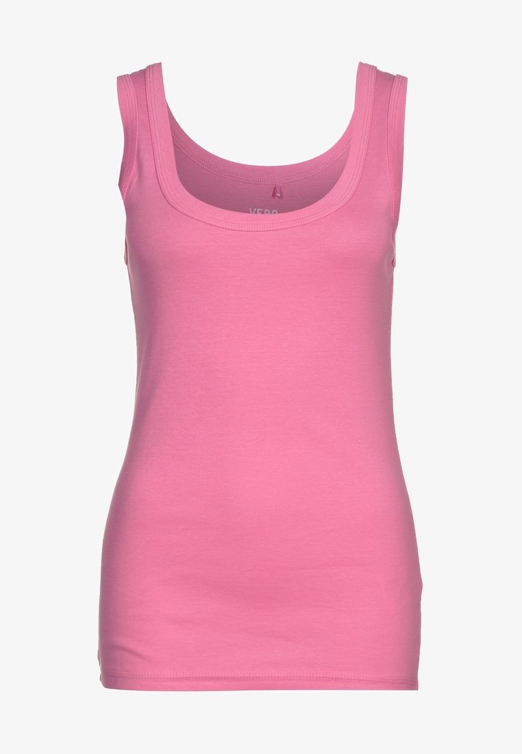 Vaaleanpunainen toppi, joka on valmistettu puuvillajerseystä, jossa on pyöreä kaula-aukko ja leveät hihnat. Se on slim fit -mallinen ja sen pinta on sileä.