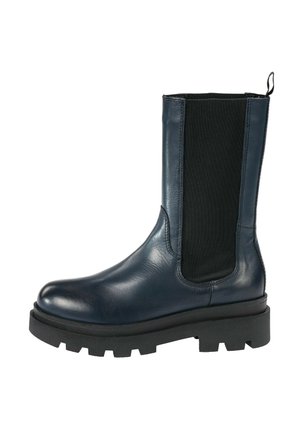 Chelsea-Stiefel aus dunkelblauem Leder mit elastischen Seiteneinsätzen und einem strukturierten schwarzen Stoff. Dicke, robuste schwarze Sohle.