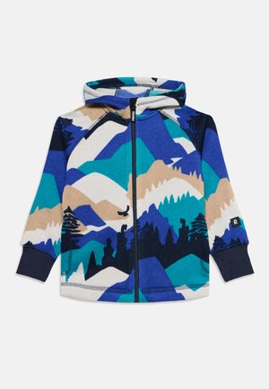 Sweat à capuche zippé avec motif montagnes et forêt en bleu, sarcelle, beige, blanc et noir, avec poignets côtelés et fermeture éclair avant.