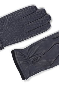 Granatowe rękawiczki z tkaniną o splocie z jednej strony i gładką skórą z drugiej, z marszczonym elastycznym mankietem dla dopasowanego zastosowania.