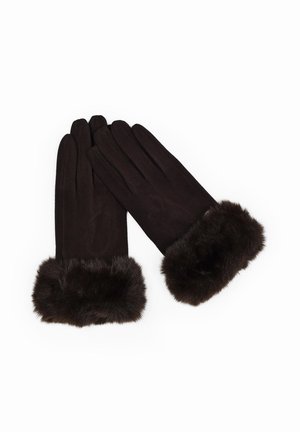 Guantes de invierno negros con puños de piel suave, diseñados para brindar calidez y estilo con un acabado de tela lisa.