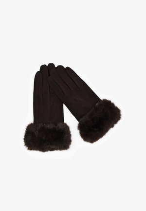 Guantes de invierno negros con puños de piel suave, diseñados para brindar calidez y estilo con un acabado de tela lisa.