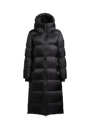 Lange zwarte gewatteerde winterjas met hoge kraag, ritssluiting aan de voorkant en zijzakken, ontworpen voor warmte van het hele lichaam.