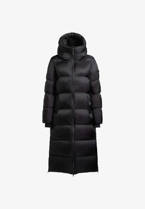 Langer schwarzer gepolsterter Wintermantel mit hohem Kragen, Frontreißverschluss und Seitentaschen, entworfen für ganzkörperliche Wärme.