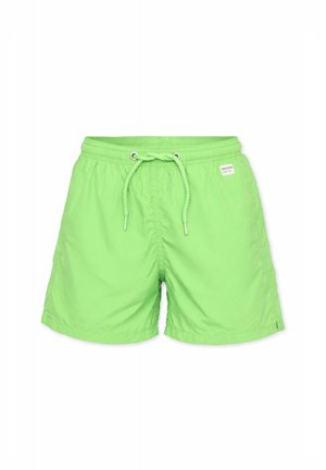 Lichtgroene zwemshorts met elastische tailleband en trekkoord, klein wit logolabel aan de rechterkant.