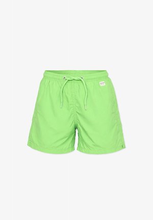 Pantalones cortos de baño verde claro con cintura elástica y cordón, pequeña etiqueta de logo blanca en el lado derecho.