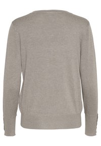 Maglione grigio chiaro con scollo rotondo, maniche lunghe, polsini a coste e dettagli con bottoni ai lati, realizzato in un morbido tessuto strutturato.