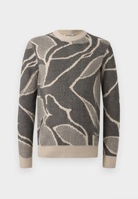 Gebreide trui met een zwart-beige abstract bladerenpatroon, geribde halslijn, manchetten en zoom, gemaakt van een zacht textuurmateriaal.