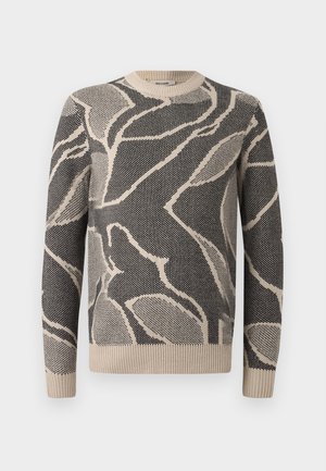 Kootud sviiter, millel on musta ja beeži abstraktse lehe mustriga, soonikkoes kaelus, varrukad ja helk, valmistatud pehmest tekstuuriga materjalist.