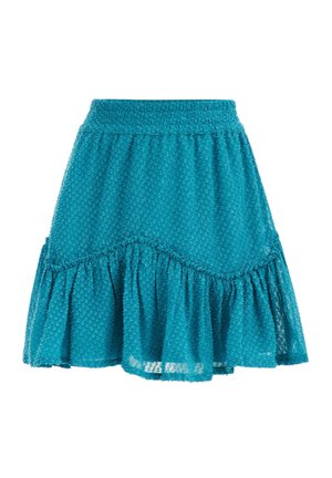 Mini-jupe texturée bleu sarcelle avec taille élastique et détail à volants sur l'ourlet, sur fond blanc.