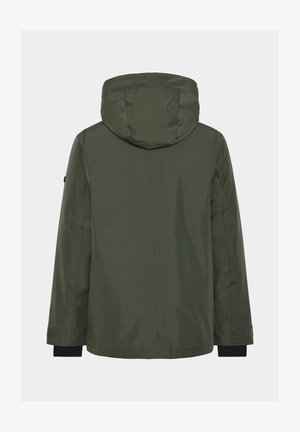 Green waterproof jacket with a hood, featuring a smooth texture, long sleeves, and elastic cuffs. Minimalist design, no visible hardware details.