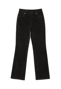 Sorte lige ben corduroy bukser med forlommer, bæltestropper og knaplukning, lagt fladt på en hvid baggrund.