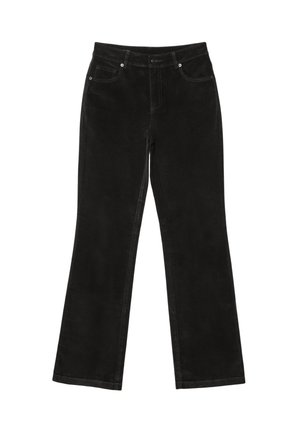 Črne ravne kordne hlače z zunanjimi žepe, odpetjem za pas in gumbom, razprostrte na beli podlagi.