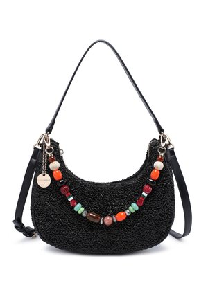 Sac à épaule noir texturé avec poignée courte, bandoulière longue amovible et décoration en chaîne de perles multicolores sur le devant.