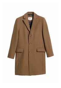 Brązowy płaszcz z wełny z dopasowanym krojem, kołnierzem z klapami i zapięciem na jeden guzik. Posiada dwie kieszenie z przodu.