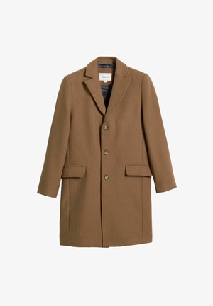 Brauner Wollmischungs-Mantel mit taillierter Passform, Reverskragen und einreihiger Knopfleiste. Verfügt über zwei Fronttaschen.