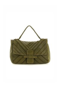 Borsa a tracolla in pelle verde oliva con un motivo a zigzag trapuntato, chiusura a soffietto e manico superiore. Presenta cuciture visibili e un accento frontale.
