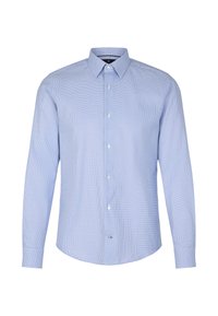 Camicia a maniche lunghe con bottoni di colore azzurro chiaro, caratterizzata da un piccolo motivo geometrico, con colletto classico e tessuto testurizzato.