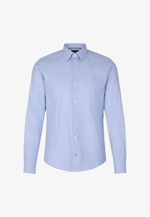 Langsleeve button-up shirt in lichtblauw met een klein geometrisch patroon, met een klassieke kraag en textuur stof.
