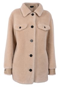 Casaco de pêlo sintético bege com botões pretos, dois bolsos no peito e um colarinho clássico. Material texturizado e suave, com um corte descontraído.