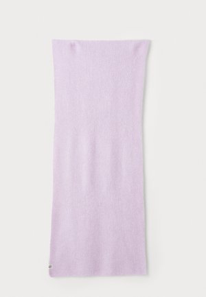 Soft pastel purple knitted rectangular scarf with a small white branded tag on one corner, displayed flat on a white background.