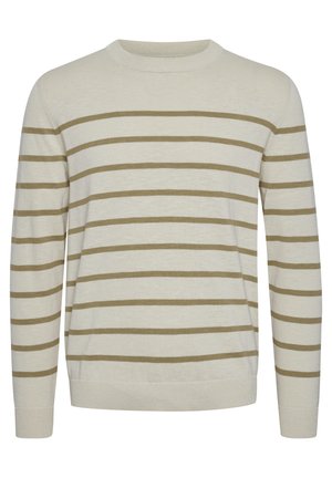 Lys beige genser med horisontale olivenfargede striper. Har rund hals, lange ermer, og ribbestrikket kant og mansjetter. Myk tekstur.