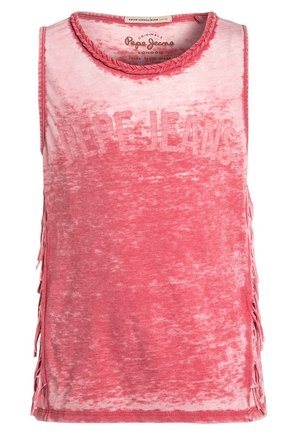 Rosa ärmelloses Top mit verblasstem "Pepe Jeans" Schriftzug vorne, geflochtenem Ausschnitt und Fransen entlang der Seiten.