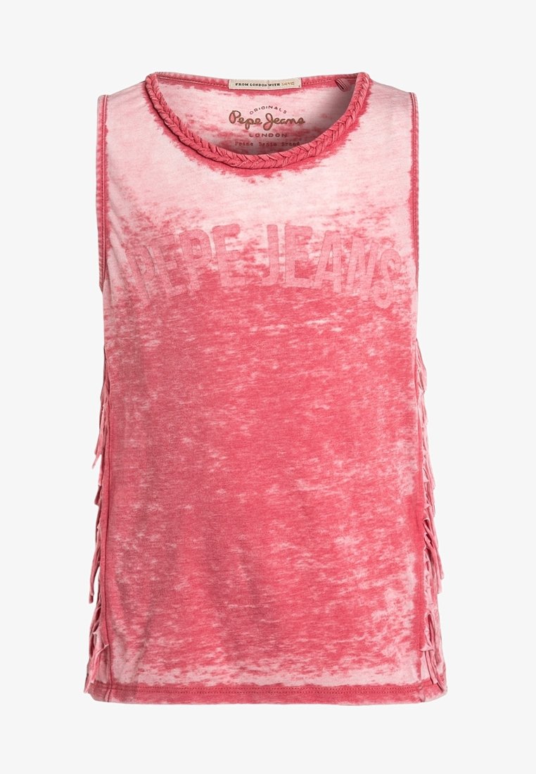 Haut rose sans manches avec texte "Pepe Jeans" estompé sur le devant, encolure tressée et détails à franges le long des côtés.