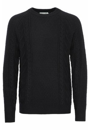 Pull en laine noir avec des motifs de tricot en câble sur les côtés, des poignets et un ourlet côtelés, un col rond et un tissu texturé.